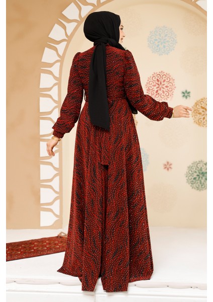 Taş Boncuk Işlemeli Bordo Tesettür Elbise 23882BR fırsatları