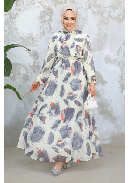 Desenli Gri Tesettür Elbise 344601GR