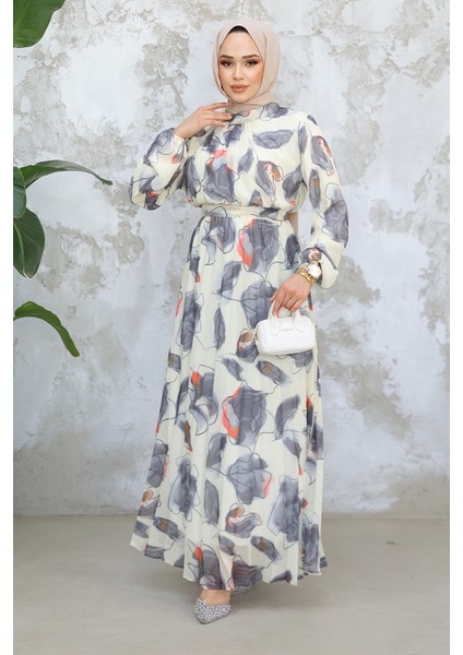 Desenli Gri Tesettür Elbise 344601GR fiyatları