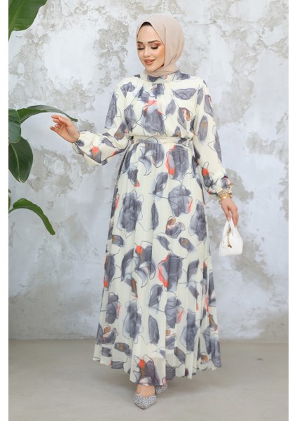 Desenli Gri Tesettür Elbise 344601GR modelleri
