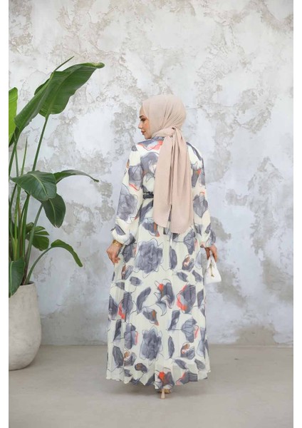 Desenli Gri Tesettür Elbise 344601GR fırsatları