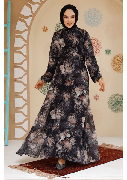 Çiçek Desenli Siyah Tesettür Elbise 27967S