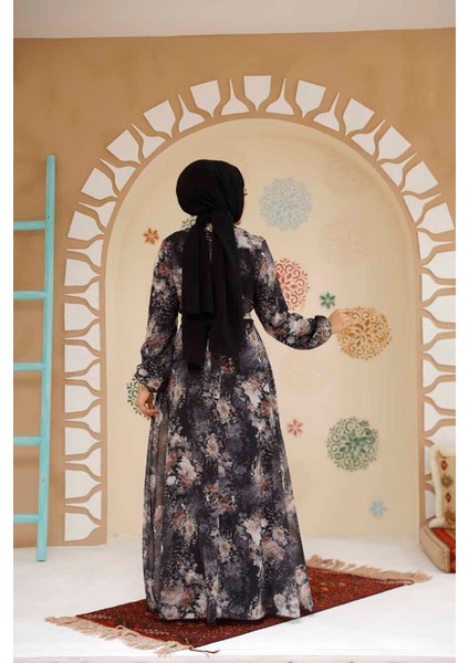 Çiçek Desenli Siyah Tesettür Elbise 27967S