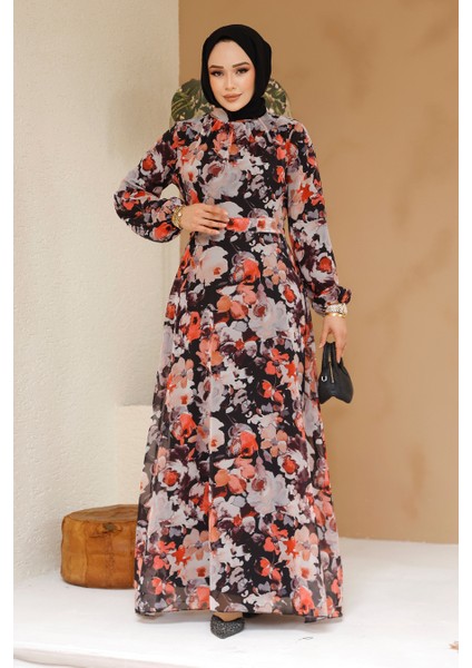 Çiçek Desenli Siyah Tesettür Elbise 27970S modelleri