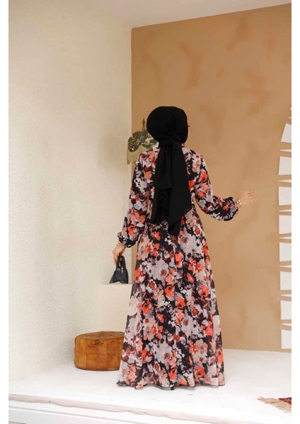 Çiçek Desenli Siyah Tesettür Elbise 27970S fırsatları