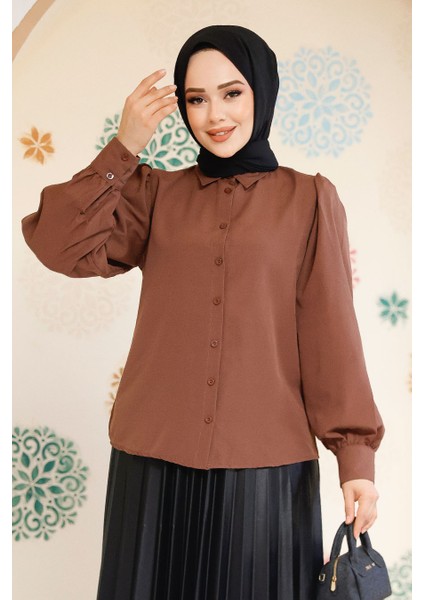 Düğmeli Kahverengi Tesettür Gömlek 52284KH