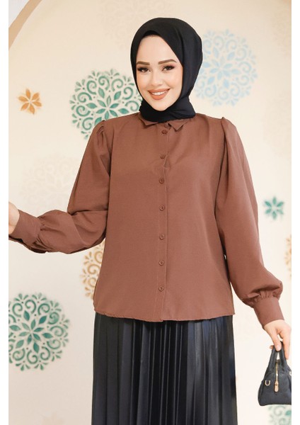 Düğmeli Kahverengi Tesettür Gömlek 52284KH fiyatları
