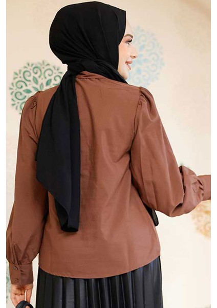 Düğmeli Kahverengi Tesettür Gömlek 52284KH modelleri