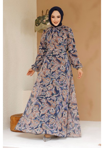 Çiçek Desenli Petrol Mavisi Tesettür Elbise 27975PM fiyatları