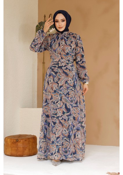 Çiçek Desenli Petrol Mavisi Tesettür Elbise 27975PM modelleri
