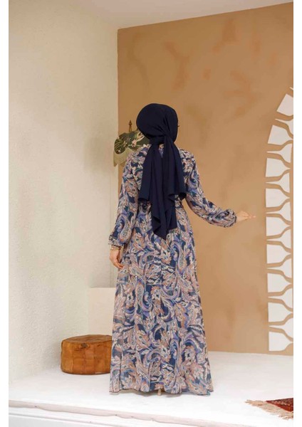 Çiçek Desenli Petrol Mavisi Tesettür Elbise 27975PM fırsatları