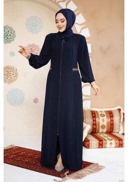Fermuarlı Lacivert Tesettür Abaya 8104L