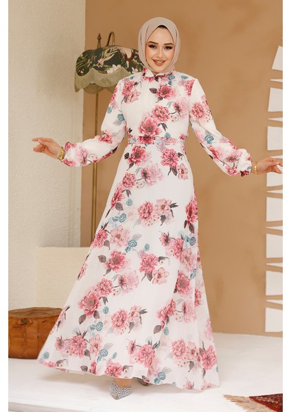 Çiçek Desenli Beyaz Tesettür Elbise 27965B