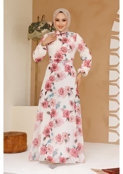 Çiçek Desenli Beyaz Tesettür Elbise 27965B fiyatları