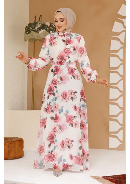 Çiçek Desenli Beyaz Tesettür Elbise 27965B modelleri
