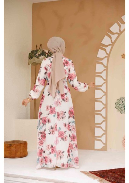 Çiçek Desenli Beyaz Tesettür Elbise 27965B fırsatları
