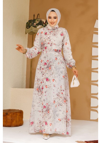 Çiçek Desenli Ekru Tesettür Elbise 27966E