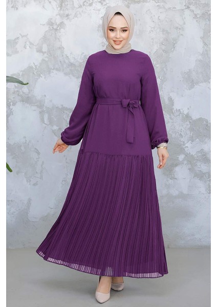 Etek Ucu Pileli Mürdüm Tesettür Elbise 23771MU