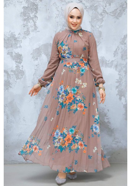 Çiçek Desenli Koyu Vizon Tesettür Elbise 34468KV