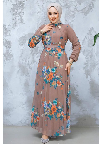Çiçek Desenli Koyu Vizon Tesettür Elbise 34468KV fiyatları