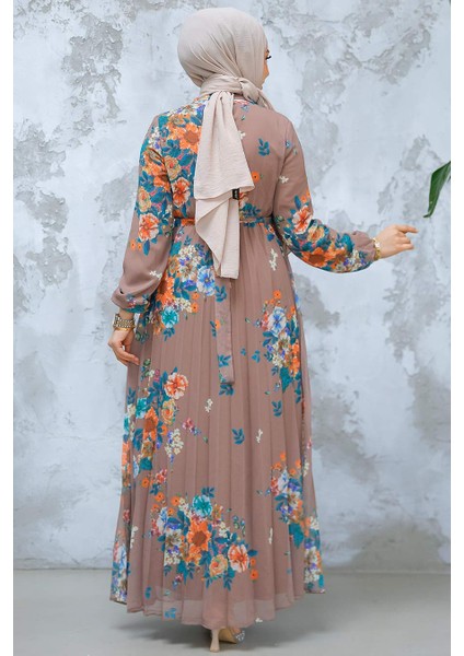 Çiçek Desenli Koyu Vizon Tesettür Elbise 34468KV modelleri