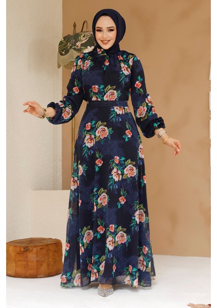 Çiçek Desenli Lacivert Tesettür Elbise 27974L