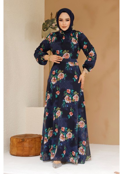 Çiçek Desenli Lacivert Tesettür Elbise 27974L fiyatları