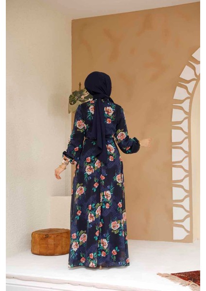 Çiçek Desenli Lacivert Tesettür Elbise 27974L modelleri