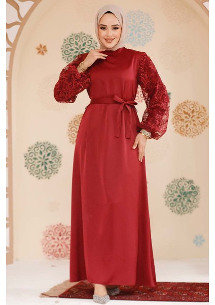 Balon Kol Bordo Tesettür Abiye Elbise 61512BR fiyatları