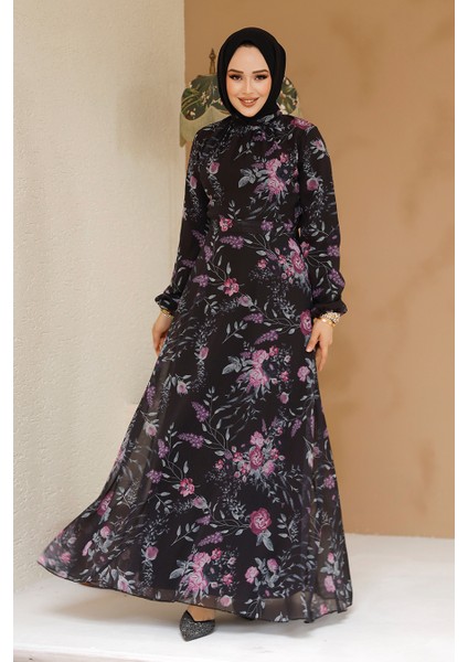 Çiçek Desenli Siyah Tesettür Elbise 27960S