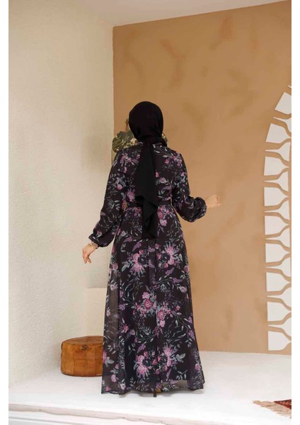 Çiçek Desenli Siyah Tesettür Elbise 27960S fırsatları