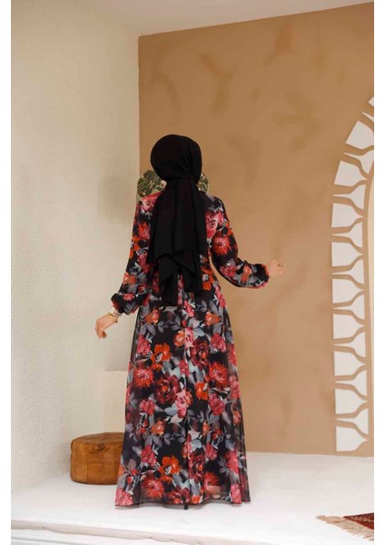 Çiçek Desenli Siyah Tesettür Elbise 27962S fırsatları