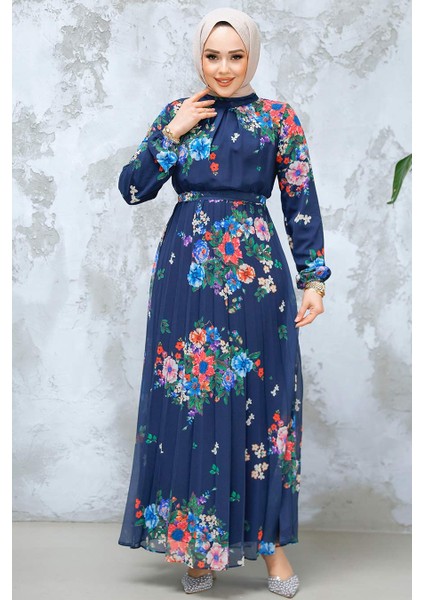 Çiçek Desenli Lacivert Tesettür Elbise 34468L modelleri