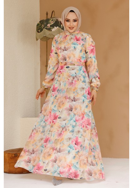 Çiçek Desenli Sarı Tesettür Elbise 27984SR