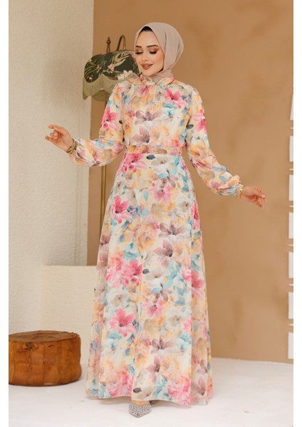 Çiçek Desenli Sarı Tesettür Elbise 27984SR