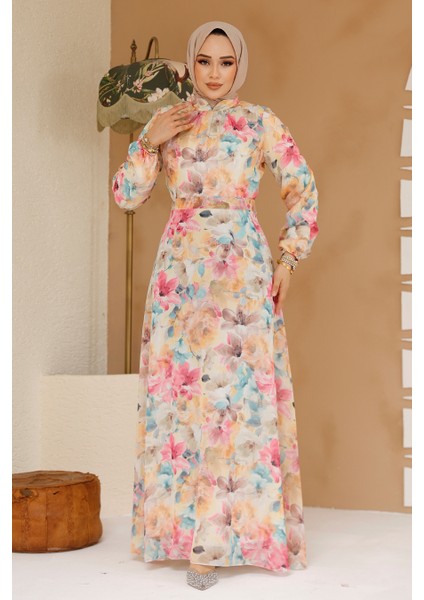 Çiçek Desenli Sarı Tesettür Elbise 27984SR