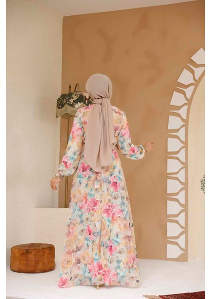 Çiçek Desenli Sarı Tesettür Elbise 27984SR