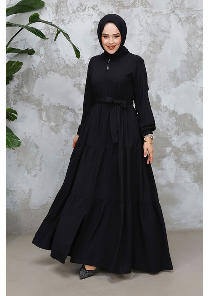 Kat Piliseli Siyah Tesettür Abaya 80781S