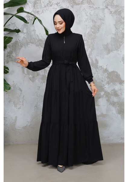 Kat Piliseli Siyah Tesettür Abaya 80781S