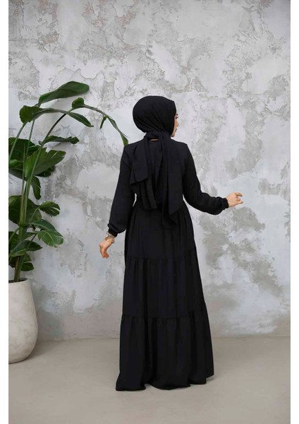Kat Piliseli Siyah Tesettür Abaya 80781S