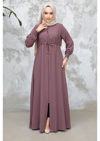 Fermuarlı Gül Kurusu Tesettür Abaya 81291GK