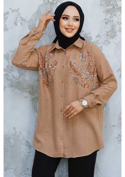 Boncuk Işlemeli Camel Tesettür Gömlek 4526C