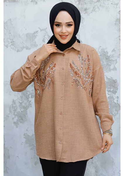 Boncuk Işlemeli Camel Tesettür Gömlek 4526C fiyatları
