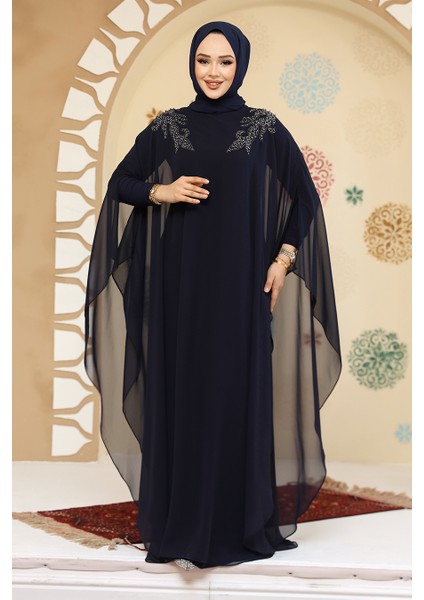 Panço Detaylı Lacivert Tesettür Abaya 25908L