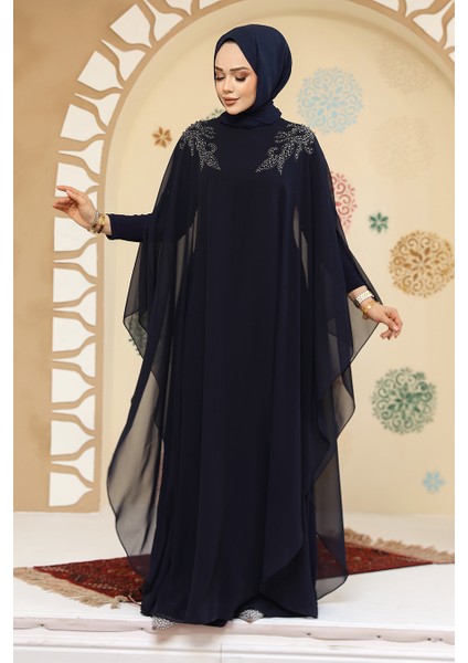 Panço Detaylı Lacivert Tesettür Abaya 25908L