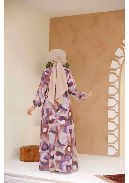 Desenli Lila Tesettür Elbise 27976LILA