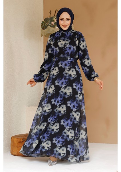 Çiçek Desenli Siyah Tesettür Elbise 27982S
