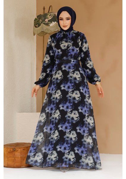 Çiçek Desenli Siyah Tesettür Elbise 27982S modelleri