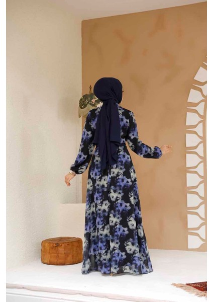 Çiçek Desenli Siyah Tesettür Elbise 27982S fırsatları