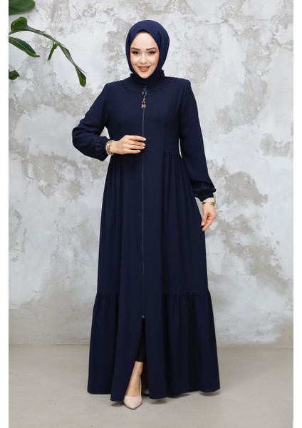 Fermuarlı Lacivert Tesettür Abaya 8133L